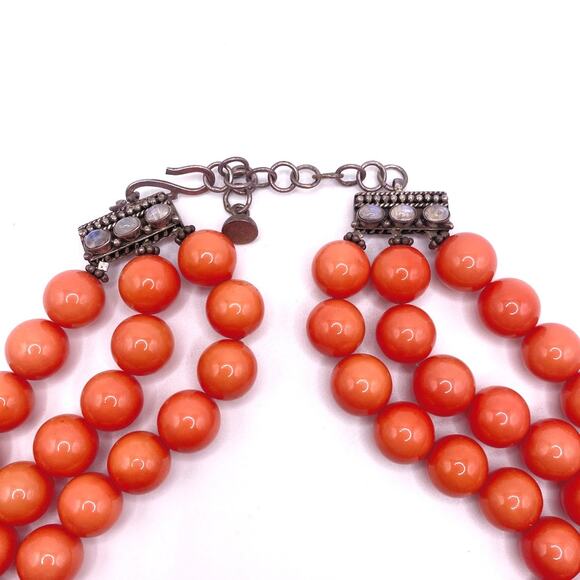 Bohemian Glass in Orange Coral Tone Coated with Sterling and moonstone closure - Picture 6 of 10